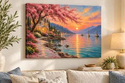 Cherry blossom lakeside sunset canvas wall art with villa, sailboats and sun reflections