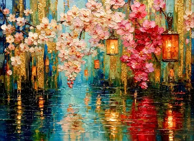 Cherry Blossom Lantern Lake poster for Living Room