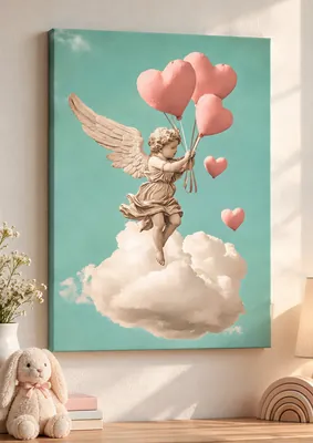 Winged cherub floating above cream clouds while holding pink heart-shaped balloons against a mint-green sky.