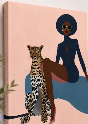 Chic woman with leopard fashion illustration canvas wall art for the living room, buy online in India