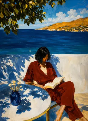 Coastal Woman Reading by the Sea – Impressionist Blue & Terracotta Seaside