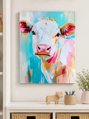 Colorful abstract cow farmhouse canvas wall art for the kids' room, buy online in India