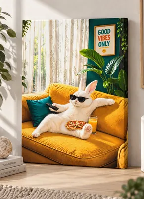 White bunny in black sunglasses lounging on a mustard-yellow sofa with a remote, pizza and orange juice, surrounded by green plants and a “GOOD VIBES ONLY” wall sign.