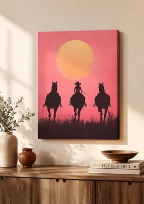Cowgirl riding horse western sunset silhouette canvas wall art for the living room, buy online in India