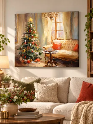Cozy Christmas canvas wall art of a decorated tree in a sunlit living room