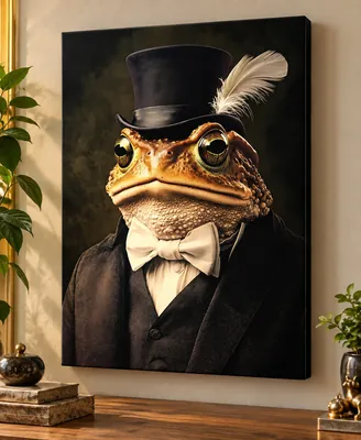 Dapper golden-brown toad wearing a black suit, cream bow tie, and feathered top hat against a dark background.