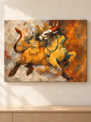 Golden Indian bull wearing an ornate bell collar, impasto folk-art canvas wall art