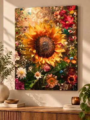 Bright floral canvas wall art of a dewy sunflower in a garden