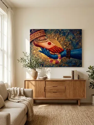 Divine blue hand holding a lotus-adorned divine foot — spiritual canvas wall art