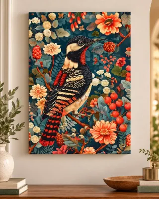 Exotic long-beaked bird with black white and red plumage among flowers — canvas wall art