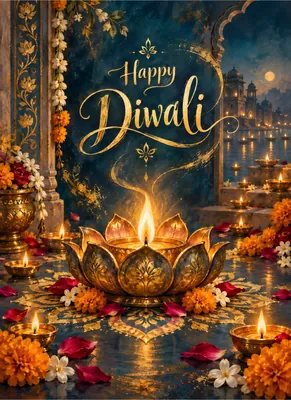 Happy Diwali Gold Typography with Lotus Diya, Marigold Flowers & Deep Teal
