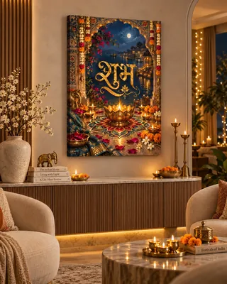 Golden “शुभ” Devanagari calligraphy surrounded by glowing diyas, lotus lamp, colorful rangoli, floral garlands, ornate arch, and moonlit waterfront architecture.