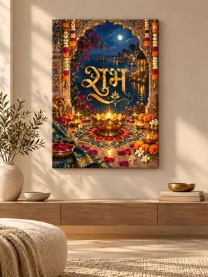 Golden “शुभ” Devanagari calligraphy surrounded by glowing diyas, lotus lamp, colorful rangoli, floral garlands, ornate arch, and moonlit waterfront architecture.