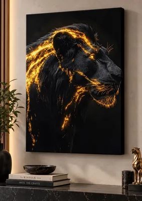 Fiery golden black lion canvas wall art for living room, buy in India
