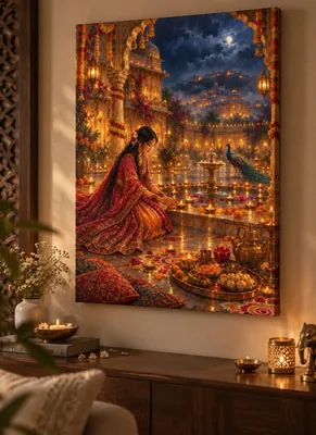 Woman in red and orange traditional attire lighting diyas in an ornate flower-decorated palace courtyard with a peacock, fountain, rangoli, sweets, glowing lamps, and moonlit blue sky.