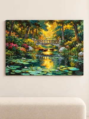 Forest pond stone bridge canvas wall art with water lilies