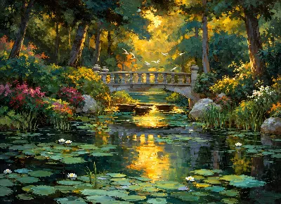 Forest Pond Stone Bridge poster for Living Room — Poster