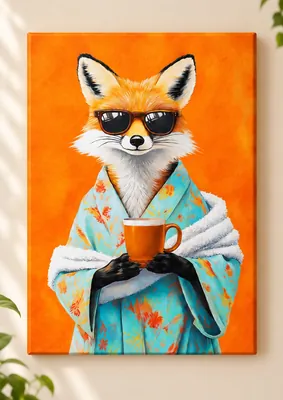 Orange and white fox wearing dark sunglasses and a turquoise floral robe, holding a brown mug against a bright orange background.
