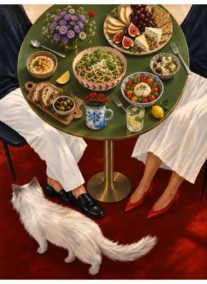 Vibrant Table Feast with White Cat – Green & Red Painterly Dining Scene Poster