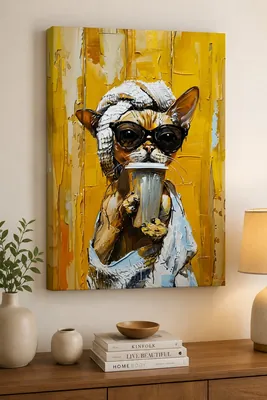 Funny cat impasto canvas wall art for bathroom, buy online in India