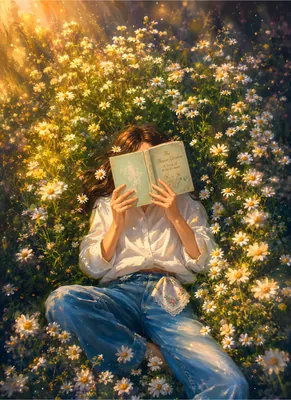 Girl Reading in a Wildflower Garden – Enchanted Daisy Meadow Floral Poster