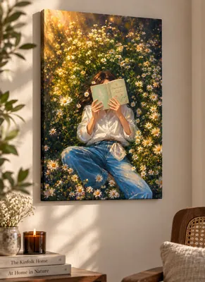 Girl reading a book surrounded by white daisies in a sunlit wildflower meadow, whimsical floral canvas wall art