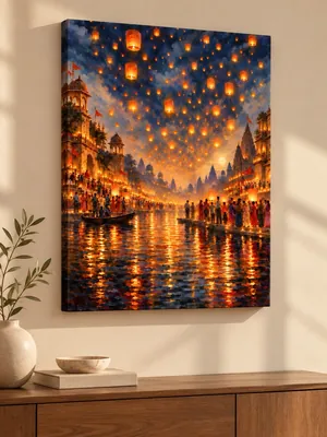 Glowing orange lanterns rising over a crowded riverside with illuminated ornate buildings, boats, and golden reflections across dark blue water.