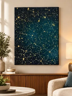 Gold constellation star map canvas wall art on dark teal background