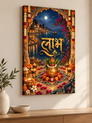Golden Hindi word “लाभ” above a decorated kalash and colorful rangoli, surrounded by diyas, flowers and an ornate arch overlooking a moonlit waterfront palace.