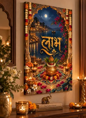 Golden Hindi word “लाभ” above a decorated kalash and colorful rangoli, surrounded by diyas, flowers and an ornate arch overlooking a moonlit waterfront palace.