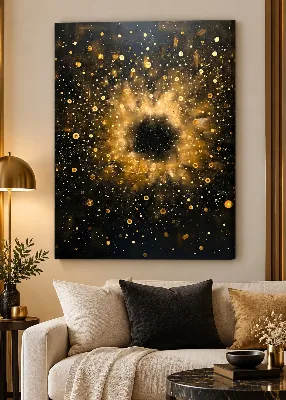 Abstract gold galaxy nebula canvas wall art on black background