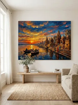 Golden hour over Varanasi ghats impasto canvas wall art for living room with temples, river steps, boats and colourful saris