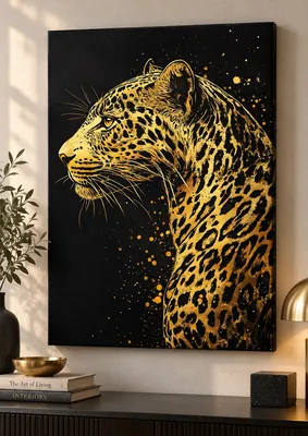 Golden leopard profile canvas wall art in black and gold for living room, India