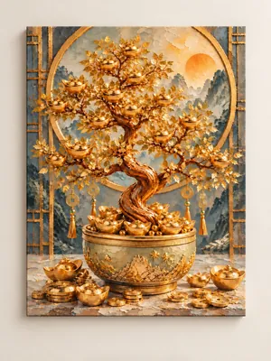 Golden money tree bonsai with gold coins in an ornate pot before a moonlit mountain landscape