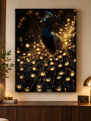 Golden peacock with glowing gold feathers on a dark background — canvas wall art.