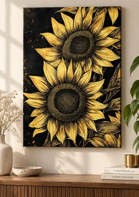 Golden sunflower botanical canvas wall art for living room, buy in India