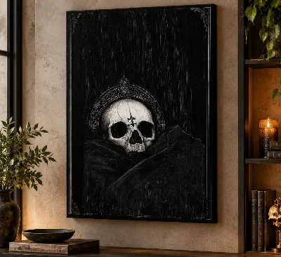 Black and white gothic canvas wall art of a crowned skull on dark background