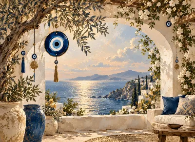 Greek Terrace Evil Eye Sea View poster for Living Room