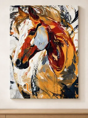 Abstract horse head portrait in bold red, gold, white and black brushstrokes, canvas wall art