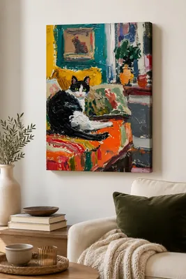 Impasto black and white tuxedo cat canvas wall art for the living room, buy online in India