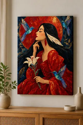 Woman in red dress impasto canvas wall art for living room, buy in India