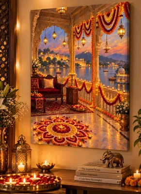 Ornate festive balcony decorated with marigold garlands, glowing diyas, hanging lanterns and floral rangoli overlooking illuminated buildings across water at sunset.