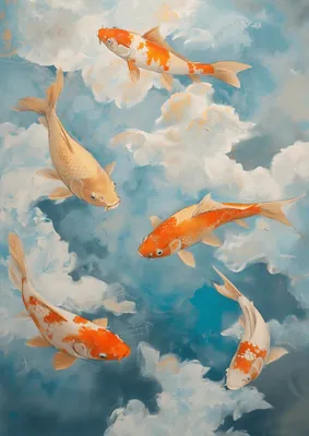Japanese Koi Fish Floating in Clouds Poster - Ethereal Surrealistic Fish