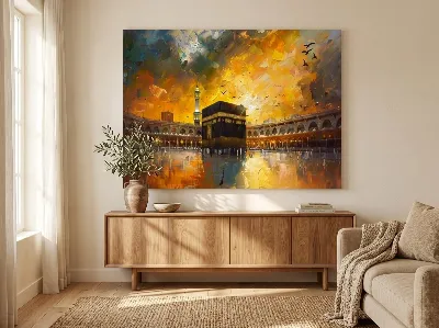 Kaaba in Mecca at sunset with black Kaaba, gold band, pilgrims and dramatic orange sky — canvas wall art