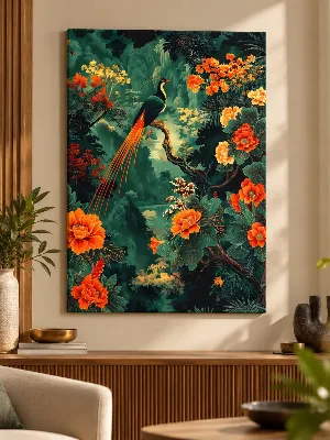 Long-tailed bird with orange flowers in a botanical forest — canvas wall art.