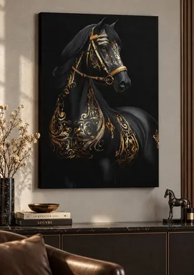 Black and gold horse canvas wall art for living room, buy in India