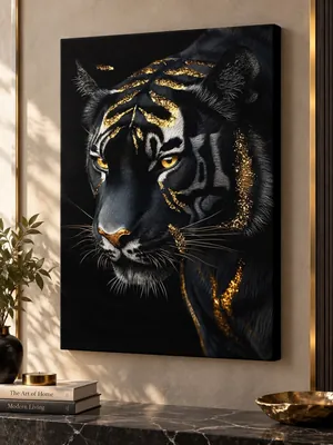 Black and gold tiger canvas wall art for living room, buy in India