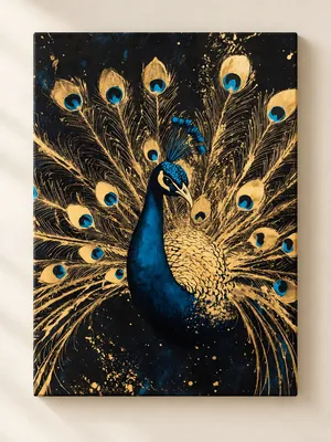 Majestic blue and gold peacock with fanned feathers and gold splatter on a dark blue background — canvas wall art.