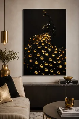 Golden peacock canvas wall art for living room, buy online in India