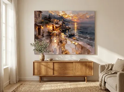 Mediterranean coastal village at sunset with whitewashed buildings and boats on shimmering water — canvas wall art